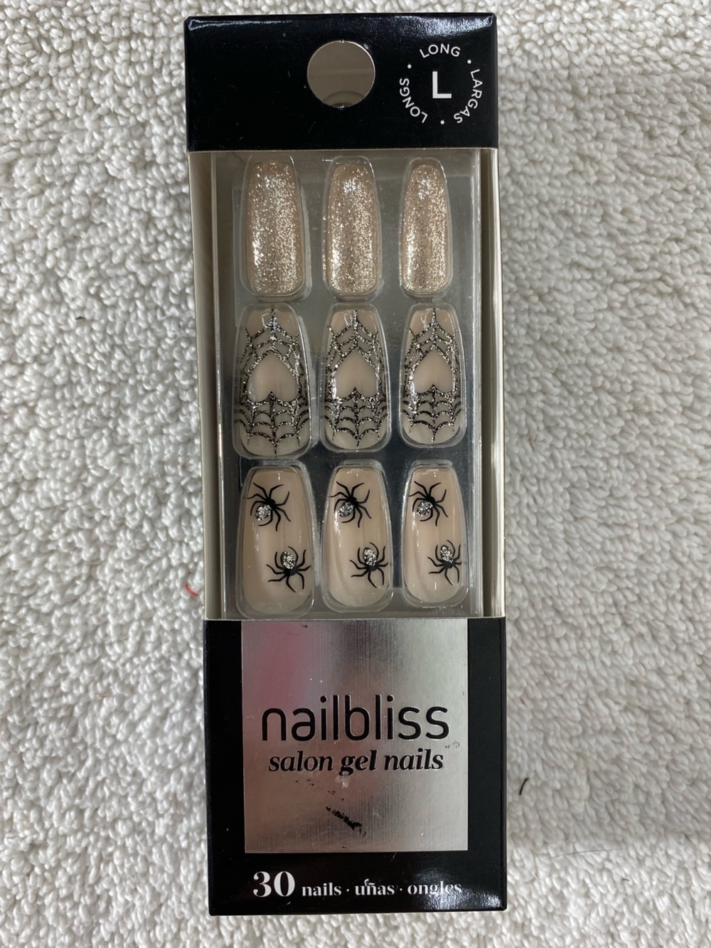Nailbliss Salon Gel Nails Halloween Edition Long Gold Glitter & Black Spiders